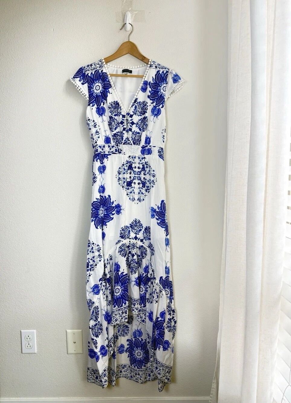 Blue White Floral High Low Maxi Dress Pom Pom Trim Boho Resort Mediterranean
